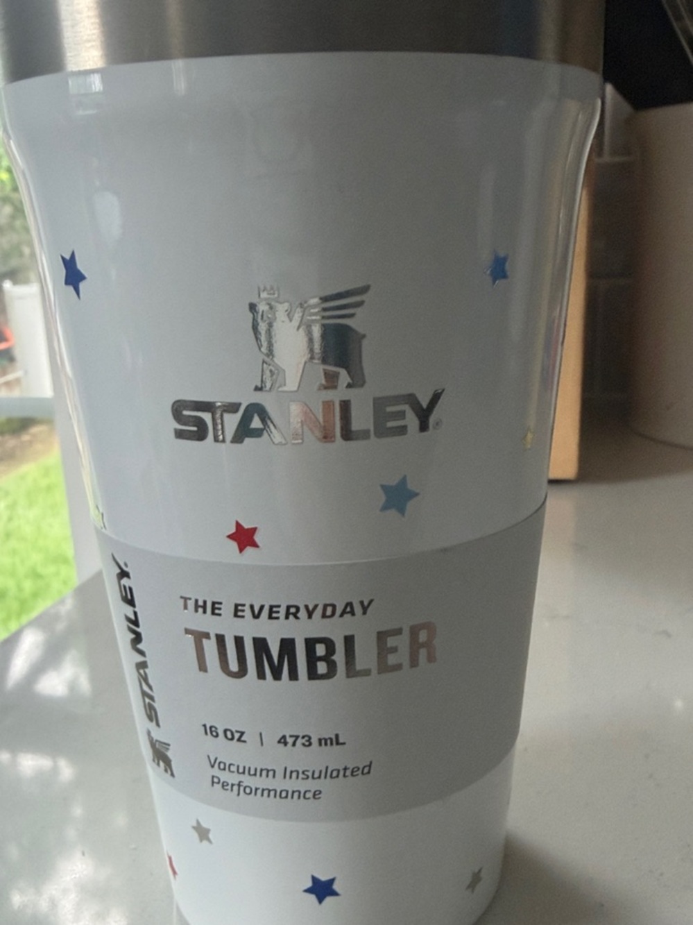 Stanley White Tumbler with Red & Blue Star Accents